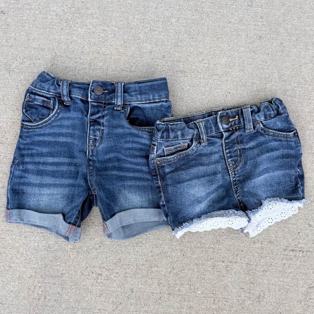 Cat & Jack Kids Denim Shorts Bundle 18M Dark Wash Cuffed Eyelet Lace 2 Pairs